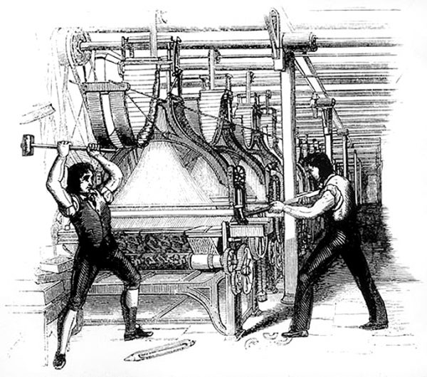 Frame-breakers, or Luddites, smashing a loom in 1812.