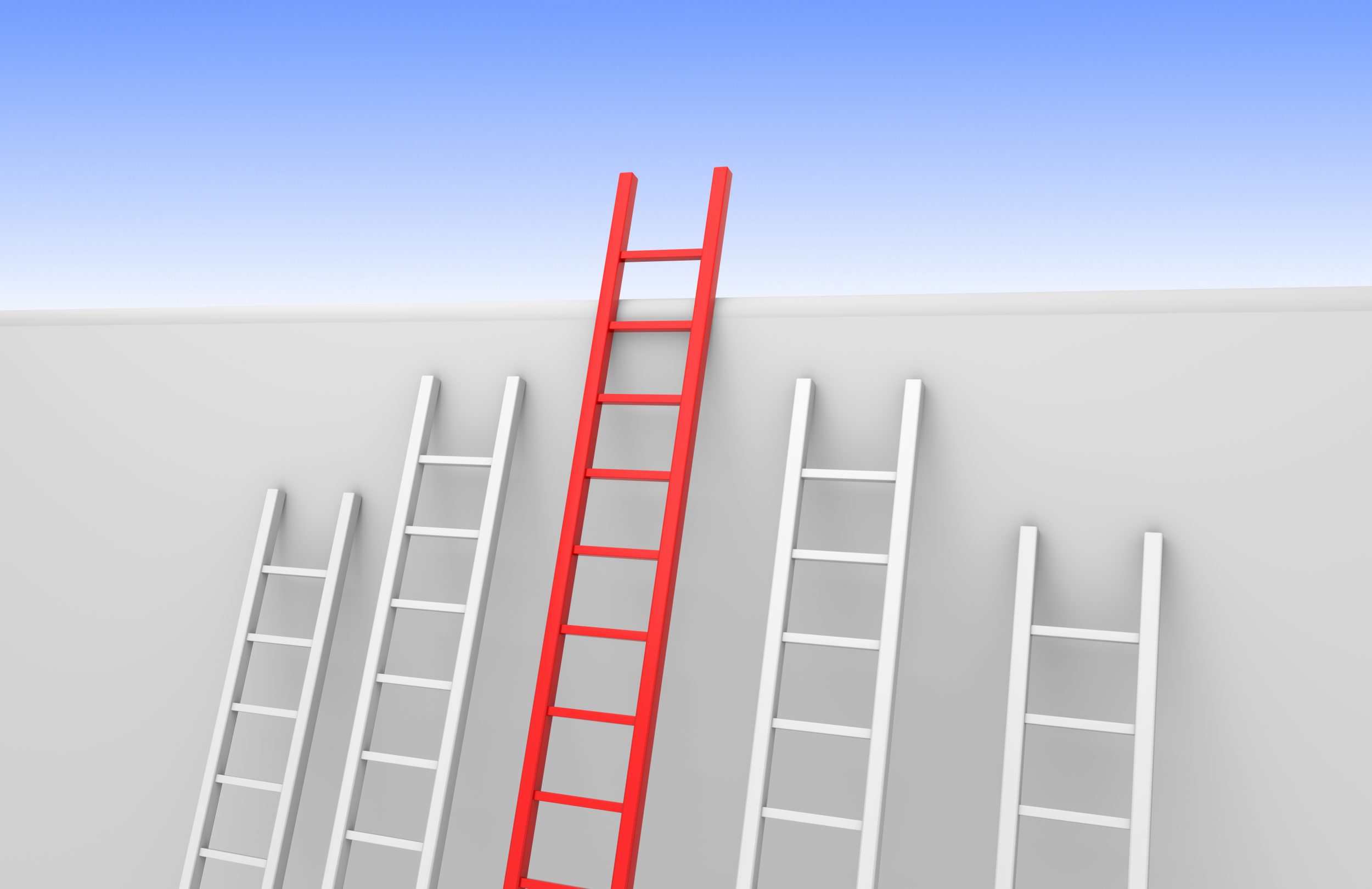 Five ladders leaning against a wall, one reaches the top