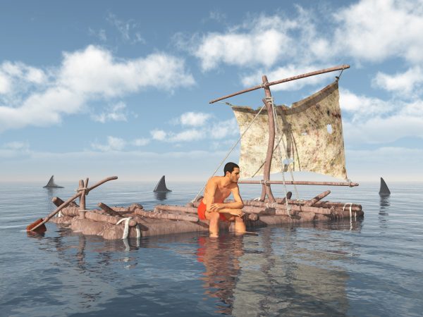 Computer generated 3D illustration with a man on a raft surrounded by sharks
